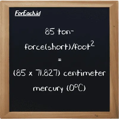 How to convert ton-force(short)/foot<sup>2</sup> to centimeter mercury (0<sup>o</sup>C): 85 ton-force(short)/foot<sup>2</sup> (tf/ft<sup>2</sup>) is equivalent to 85 times 71.827 centimeter mercury (0<sup>o</sup>C) (cmHg)